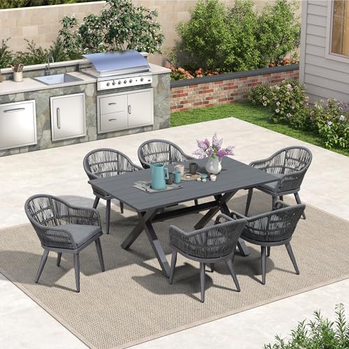 Image of PURPLE LEAF 7 Pieces Patio Dining Set with Outdoor Aluminium Dining Table and Woven Rattan Chairs Modern Metal Furniture Cushions Sets for Garden Yard Indoor Decor Kitchen Grey
