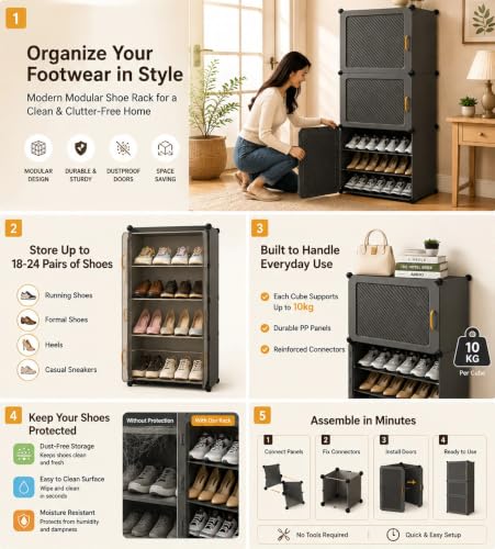Image of EXVITO Plastic Shoe Rack for Home with Door, 3-Door Shoe Storage Cabinet | 6-Shelfs for 12 Pairs | Waterproof & Portable DIY Shoe Slipper & Chappal Stand for Entryway /Bedroom - Grey