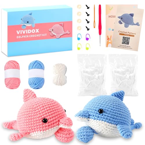 VIVIDOX 2 Pack Dolphin Crochet Kit for Beginners Adults Kids with Easy Yarn 4.3in Tall Animal Crocheting Starter Set with Step-by-Step Video Tutorials, DIY Knitting Kit with Complete Tools (Blue+Pink)