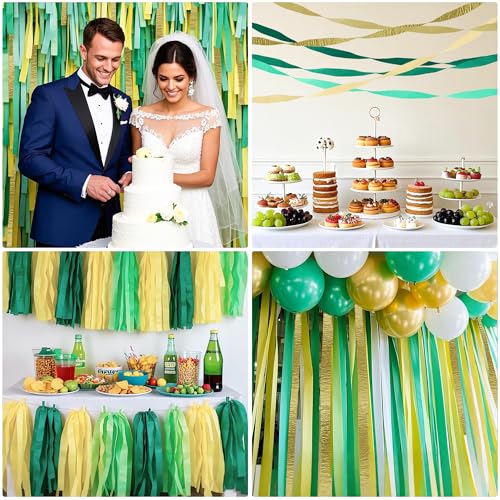 Image of Green and Gold Crepe Paper Streamers, 2.2 inch x 123 Ft Per Roll Wedding Streamers for Birthday Baby Shower Bachelorette Bridal Shower Engagement Happy Anniversary Decorations Party Supplies