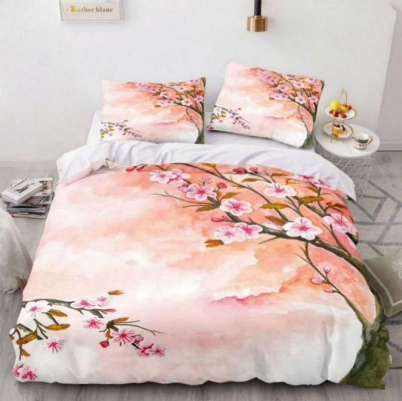 Housse de couette 220x240 fleur rose avec 2 taies d'oreiller 65x65 en microfibre pour lit deux places