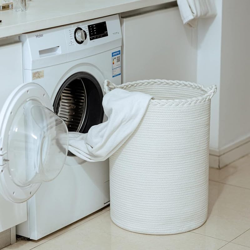 Image of Storage Rope Laundry Hamper Basket for Clothes, Towels and Blankets in Livingroom, Bedroom, Laundry Room and Basket for Nursery Storage (Size - 14 inch x 14 inch x 18 inch) (White Zig Zag)