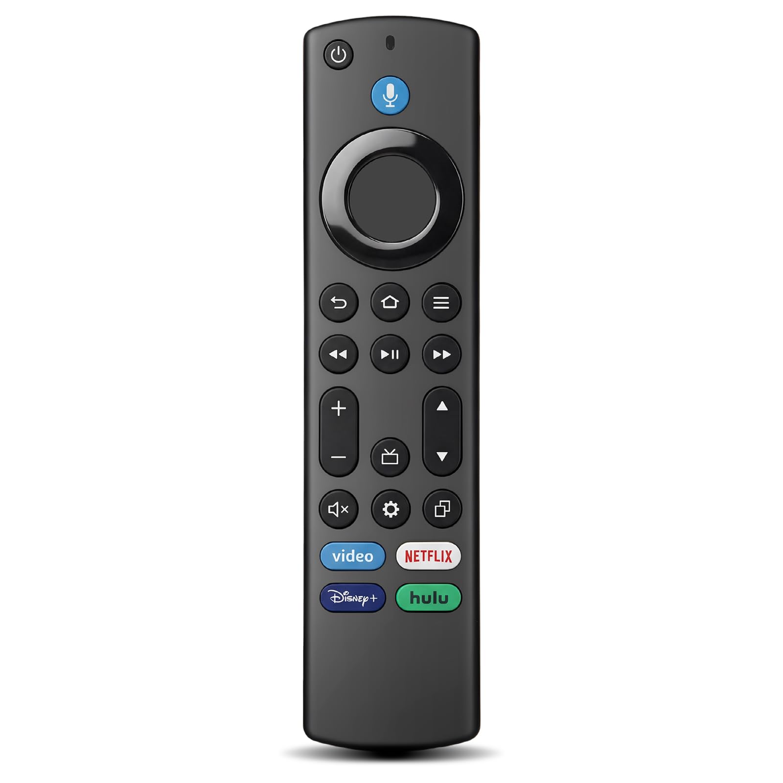 Close-up of the IDGPUW remote's button layout, highlighting the navigation cluster and voice control button.