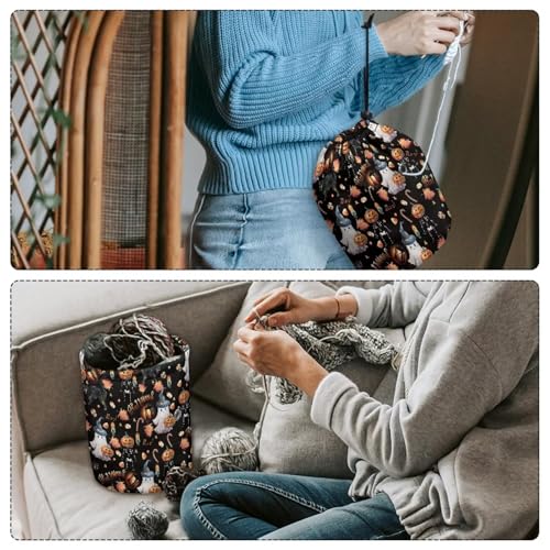 Image of Sellikakes Halloween Ghost Pumpkin Small Yarn Bag Crochet Organizer, Knitting Crochet Storage Bag, Portable Yarn Knitting Bag for Crocheting Project, Store Skein Ball, Short Knitting Needle
