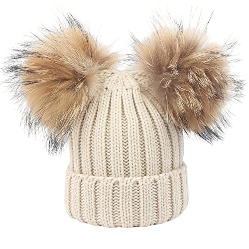 feifanshop Bonnet tricoté en laine pour femme - Avec pompon en fourrure - Pour l'hiver, beige, taille unique Cover