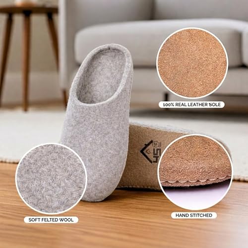 Image of Wool Felt Mule Slippers for Women & Men, Handmade 100% Natural Wool Backless House Shoes with Premium Suede Sole, Warm Breathable Indoor Slip-On