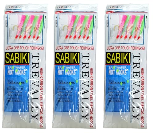 Mackerel Cod Feathers Sea Fishing Rig 6 Hook size 2/0 Hearing Pollock Bass Jigs Rigs Pier Boat Lure Herring Whiting Pre Tied Flashes Luminous Bead Rainbow Colourful Pink Green Red Gold (3 - Pack)