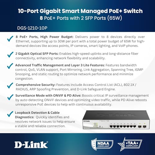 Image of D-Link 10-Port Gigabit Smart Managed PoE+ Switch | 8 PoE+ Ports (65W) + 2 SFP Ports | L2+ | VLANs | Web Managed | Surveillance Mode | Desktop or Rackmount | Fanless | NDAA Compliant DGS-1210-10P