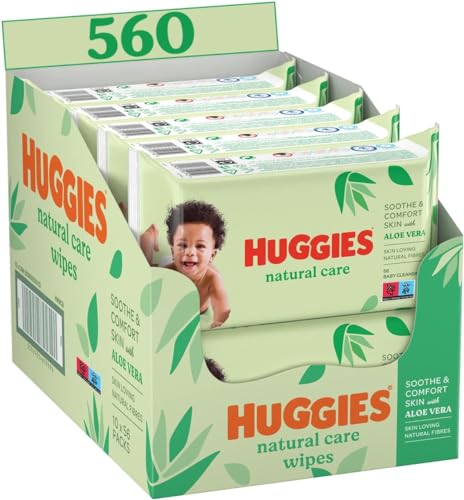 Huggies lingettes pour bébé Natural Care, 10 paquets de 56 lingettes, fibres absorbantes naturelles, hypoallergéniques, sans alcool, à l'aloé vera, évite...