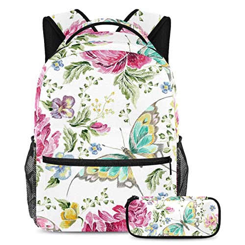 Sac à dos de voyage avec étui à stylos, compartiment bouteille et motifs roses pour l'école