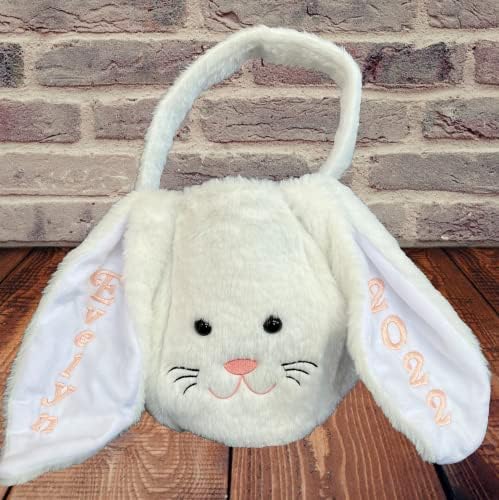 Miniatura 2 de Personalized Easter Basket for Kids - Bunny Bucket with Name Embroidered - Egg Hunt Gathering Tote (White)
