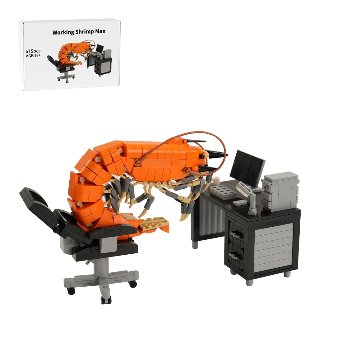 Working Shrimp Man Klemmbausteine, Arbeitender Garnelenmann Bausteine Set, 675 Teile Klemmbausteine Garnelen Modellbausatz mit Computer/Bürobedarf, Wohnkultur Geschenk
