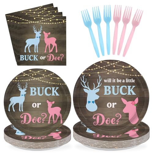 Greencian 96Pcs Buck or Doe Gender Reveal Party Decorations Rustic Wood Themed Plates and Napkins Blue Pink Deer Disposable Paper Tableware Set for Boy or Girl Gender Reveal Party Supplies Serves 24