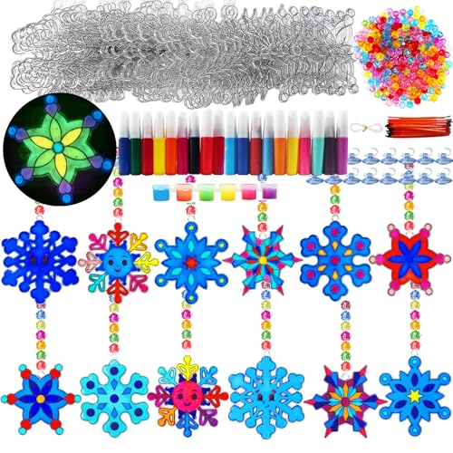 30 Sets Winter Snowflake Suncatchers Craft Kits DIY Glow In The Dark Window Paint Art Kit Christmas Snowflake Craft for Classroom Winter Christmas Holiday Seasonal Activities Art Project (Style1)
