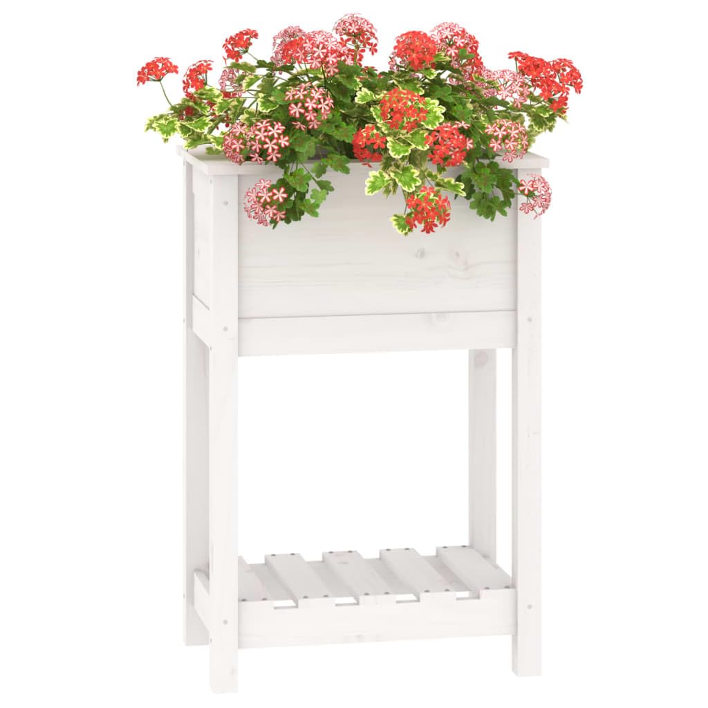 Donica z pólka biala 54x34,5x81 cm lite drewno sosnowe podwyzszona donica ogrodowa z polka na narzedzia do salonu balkonu tarasu