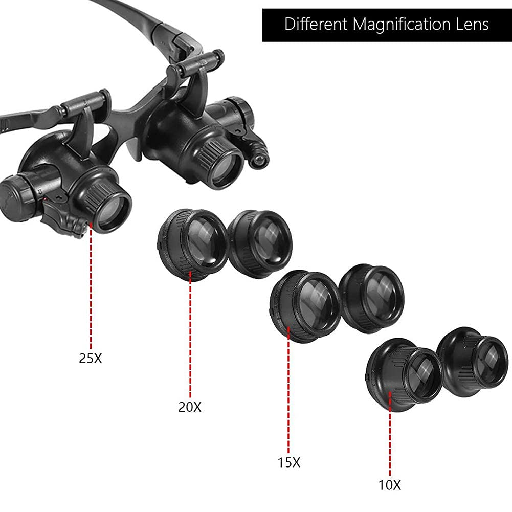 Lupas, lupas binoculares para diadema, lupa de joyería, lupa de montaje en la cabeza, con 2 luces LED, lupa de 10 x 15 x 20 x 25 x para reloj, reparación electrónica