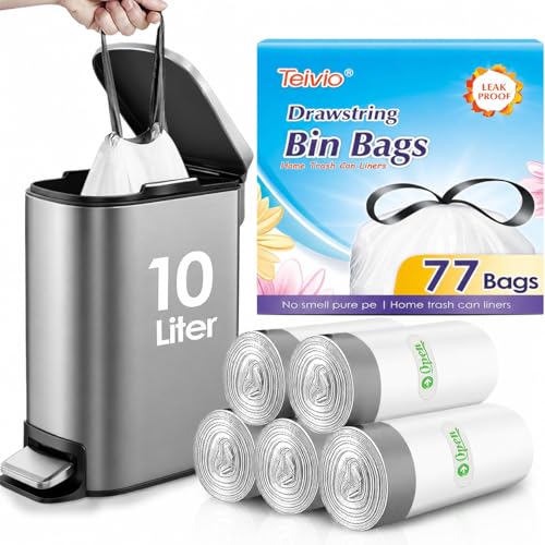 Teivio 10 Liter Small Bin Liners with Tie Tap 77 Counts Strong Drawstring Pedal Bin Bags Fit 8-10L Trash Can Waste Paper Bin Bags for Home Office Kitchen Bathroom Bedroom White Toilet Rubbish Bag