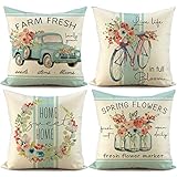 FIBEROMANCE Spring Pillow Covers 18x18 Set of 4 Spring Decorations Spring Floral Truck Bicycle Mason