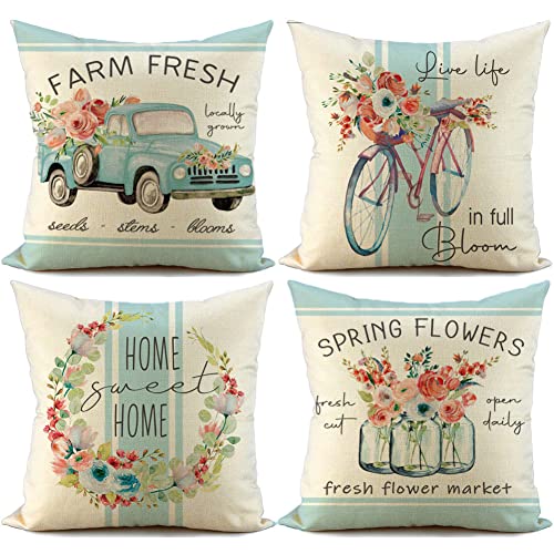 Fiberomance Spring Pillow Covers 18X18 Set Of 4 Spring Decorations Spring Floral Truck Bicycle Mason Jar Sweet Home Farmhouse Spring Pillows Decorative Spring Throw Pillows #TOP6