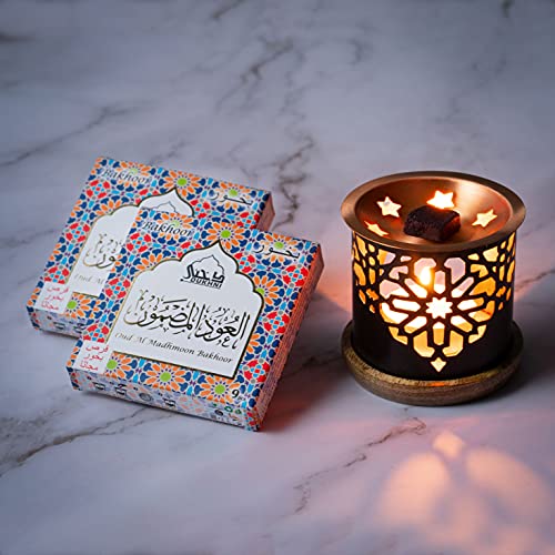 Oud Al Madhmoon Bakhoor Ø¹ÙˆØ¯ Ø§Ù„Ù…Ø¯Ù…ÙˆÙ† Ø¨Ø®ÙˆØ± Set of 2 Boxes & Oriental Exotic Bakhoor Burner by Dukhni. 9 Pieces of Bakhoor in Each Box. Authentic Arabic Scents. Perfect for Prayer, Meditation, Relaxation