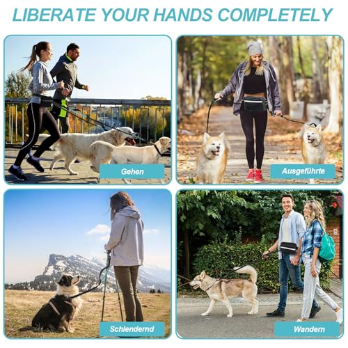 Joggingleine Hunde - Freihandleine Hund, Retrieverleine mit Zugstopp, Abnehmbare Hüfttasche und Sicherheitsgurt, mit Hundetrainings-Clicker, für alle Hunderassen, für Joggen und Radfahren(Schwarz)