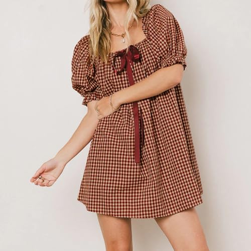 Image of Women Y2k Puff Sleeve Babydoll Dresses Square Neck Tie Back Mini Dress Summer Solid Off Shoulder Flowy Sundress
