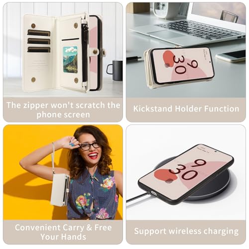 Coque Google Pixel 6 avec cordon et portefeuille en cuir blanc Asuwish