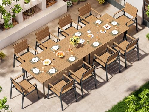 Image of Outdoor Dining Set for 10, Patio Table and Chairs Set with Umbrella Hole, 12 Pieces HDPS + Aluminum Outdoor Furniture Sets for Patio, Garden (Gray & Teak)