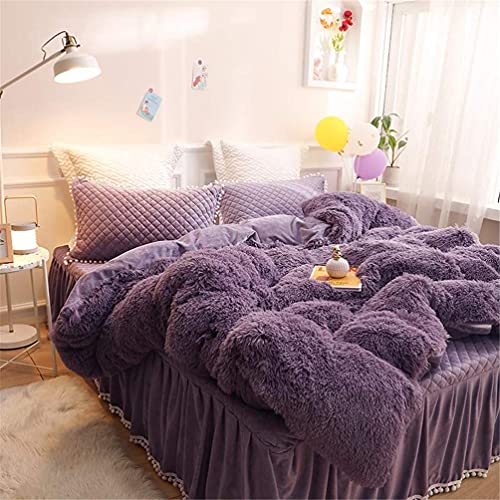 BXGGXBYSW Juego de Funda de edredón de Forro Polar de 4 Piezas con Encaje de Bola pequeña, Juegos de Cama cálidos y acogedores en Individual, Doble, Queen King, Gris, Queen Good (Doble Blanco)