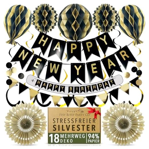 Premium Wiederverwendbare Party Deko - Silvester Deko 2024 / Geburtstagsdeko Gold & Schwarz - Mehrzweck Girlande: Happy New Year, Happy Birthday +mehr - Happy New Year Deko 2024 & Deko Geburtstag