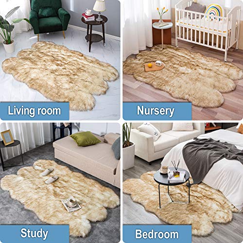 Carvapet Soft Fluffy Rugs Faux Fur Sheepskin Area Rug for Bedroom Floor Mat Carpet for Living Room Nursery 4 x 6 Feet,White with Brown Tips