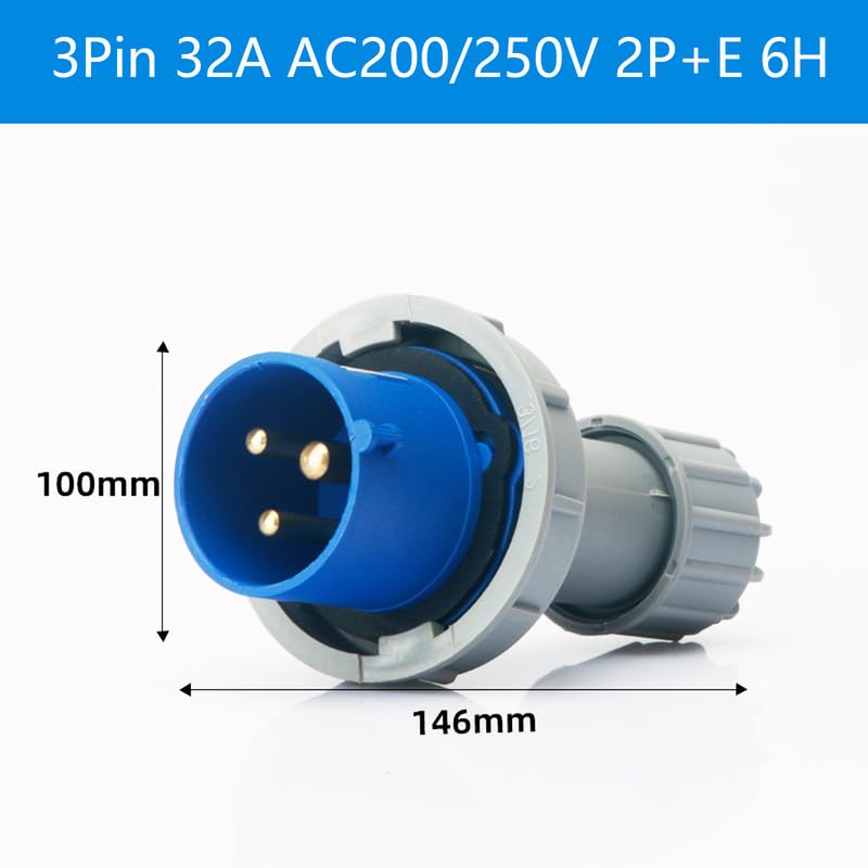 1Set IEC60309 Waterproof Industrial Connector Plug Socket, 3Pin 32A 200V-250V 2P+E 6H IP67 Waterproof Connector Power Connecting Industrial Surface Mounted Socket Set for Aviation and Industry