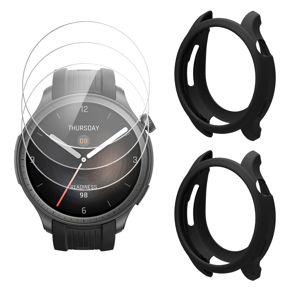 SHUAXI Watch Screen Protector (3+2 Pack) Compatible for Amazfit Balance Tempered Glass Film Anti-Scratch High Definition Full Coverage and Silicone Protective Case