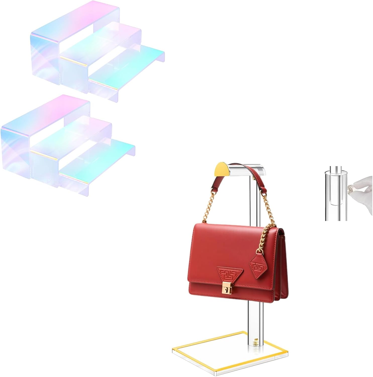 Iridescent Acrylic Display Bundle: Adjustable Purse Holder & 6pc Rainbow Risers for Handbag, Jewelry, Retail Decor