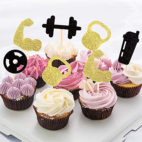 Ercadio 30 Pack Gym Workout Cupcake Toppers Glitter Biceps Dumbbells Kettlebells Abodominal Wheels Bodybuilding Cupcake Picks Fitness Themed Birthday Party Cake Decorations Supplies