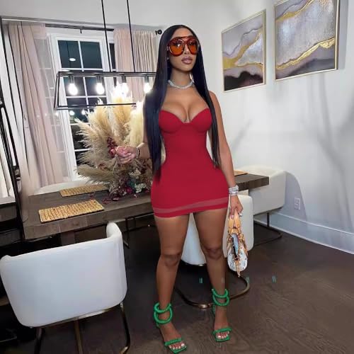 Image of Sexy Bodycon Mini Dress for Women Sweetheart Neck Spaghetti Strap Mesh Hem Party Club Night Out Short Dresses