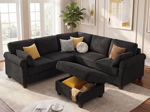 90.6" V-Shaped Sectional Sofa with Storage Ottoman, Corduroy Black - Image 3