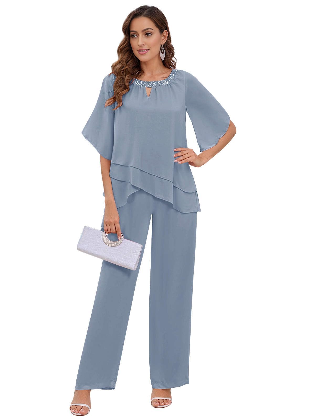 Mutter Der Braut Hosenanzug Damen Festlich Elegant - 2-Teiliges Chiffon Weite Hosen Und Flatterärmel Hosenanzüge Set Hochzeitsgäste Outfit Für Hochzeiten