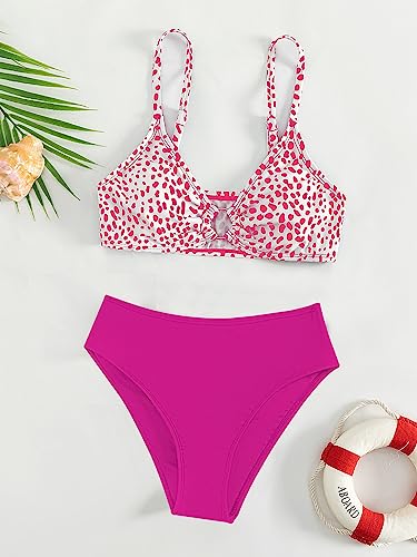 Image of SHENHE Girl's 2 Piece Swimsuit High Waisted Spaghetti Strap Cute Scoop Neck Wireless Bathing Suit Bikini Set Dalmatian Hot Pink 12 Years