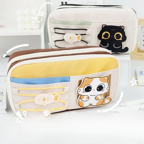 Image of Invite Large Capacity Cute Aesthetic Pencil Case with Multi Compartments, Multi-Pocket Pastel Pen Pouch Organizer with Zipper, Kawaii School Supplies Bag for Girls, Teens & Students (Black Cat)
