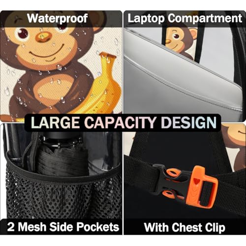 Monkey Banana Leaf Flowers Clear Backpack Stadium Approved PVC Backpacks for Adults Heavy Duty Clear Bag for Work Security Travel College4