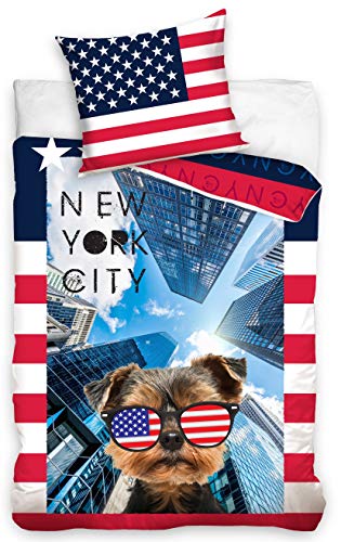 Yorkshire A New York Parure de lit Housse de Couette réversible 100% Coton 140x200 cm + taie d'oreiller 70x90 cm