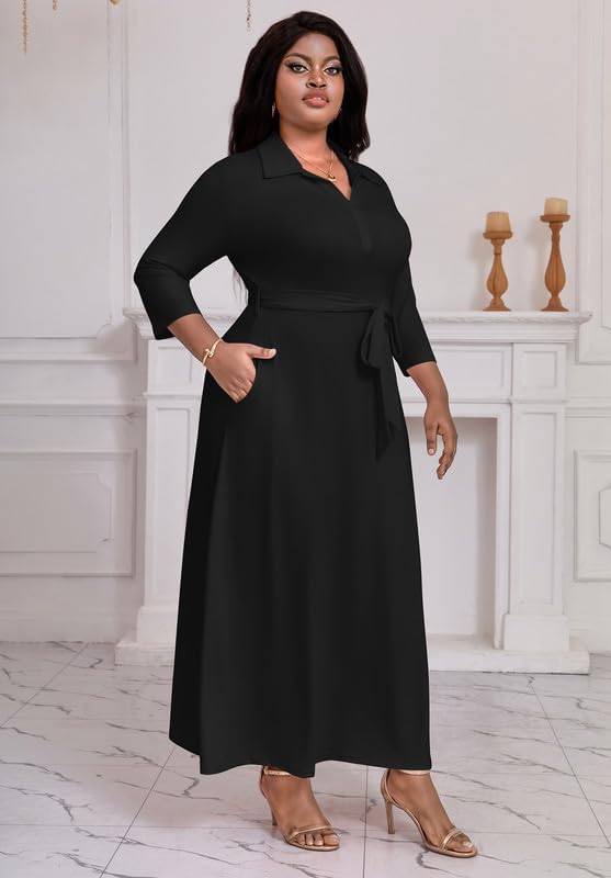 Maxi Dresses for Women Casual V Neck 3/4 Sleeve Long Church Dress Semi Formal Outfits with Pockets - Image 3