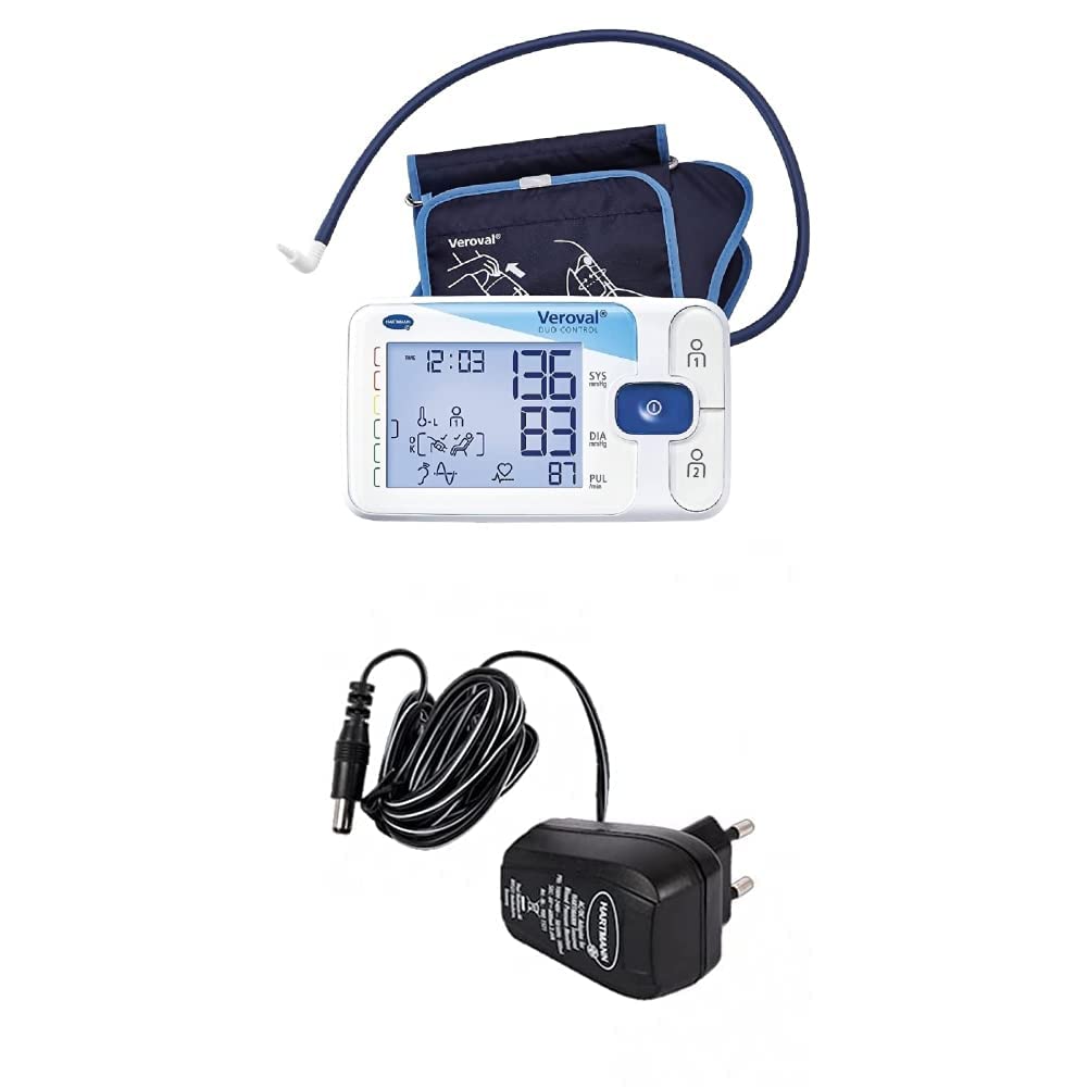 Tensiómetro de Brazo Veroval Duo Control: Aparato de Medir la Tensión; Doble Sistema para Detectar Arritmias; Talla Grande 32-42cm + Adaptador de Corriente