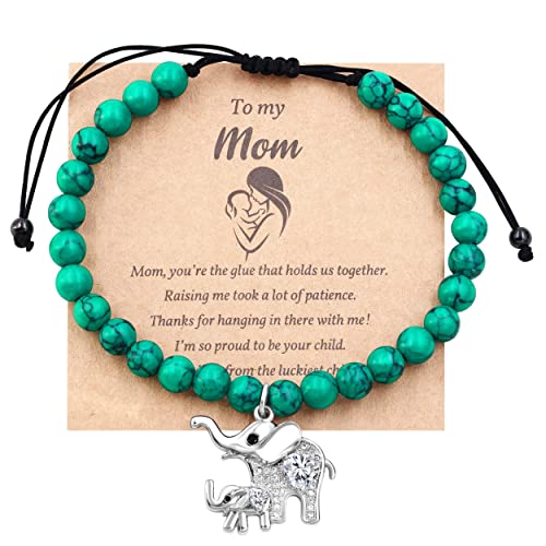 Image of Matte Agate Black Onyx /Turquoise Beads Bracelet, Good Luck Mom and Baby Elephant Bracelet, To My Mom Bracelet Gifts for Mothers Day from Daughter