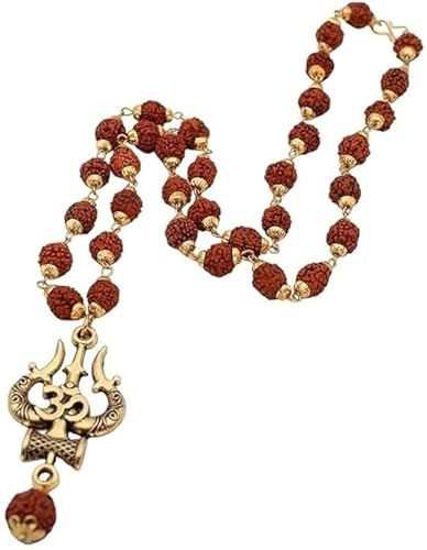 The Great Indian Store Original Rudraksha Mala, Golden Om Trishul Damru Pendant, Religious Locket for Men and Women Pack of 1