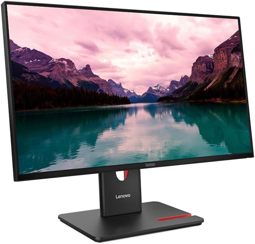 Angled view of Lenovo ThinkVision T24-40 monitor, showcasing its adjustable stand and slim bezels.
