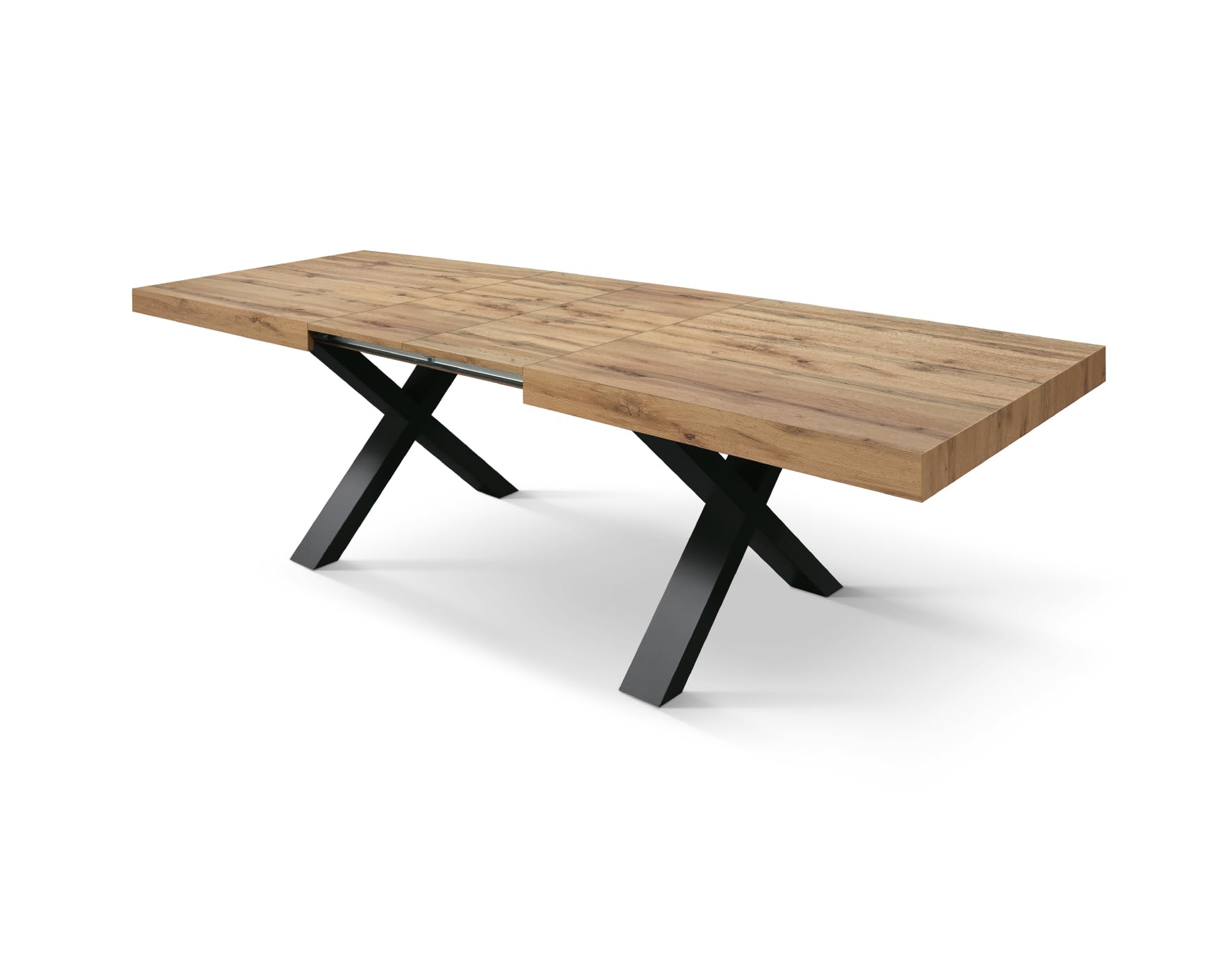 PAZZO DESIGN Table extensible Marco, table salon, cuisine, pieds croisés x noirs, fabriquée en Italie, chêne rustique, 180 x 90 x 76 cm - id_1998