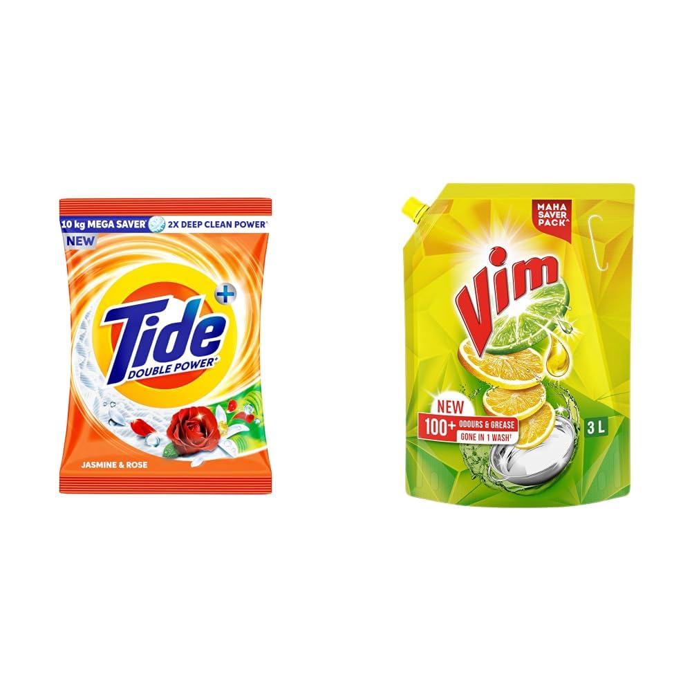 Tide Plus Detergent Washing Powder - 10kg Mega Saver Pack | Jasmine & Rose Fragrance | Removes deep-seated Oil, Gravy, Tea Stains | World's No. 1 Detergent Brand & Vim Dishwash Liquid 3 L pouch-image-8