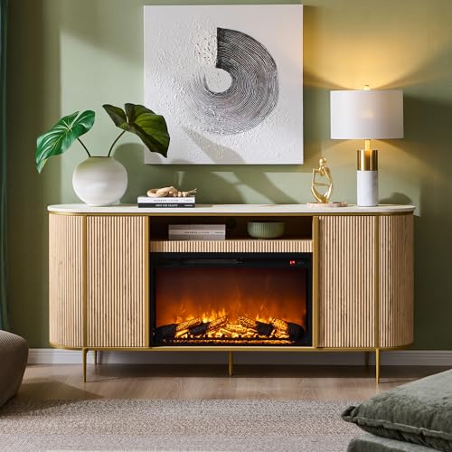 OKD Luxury 70' Fluted Fireplace TV Stand, Modern Chic Entertainment Center for TVs Up to 80 inches,...